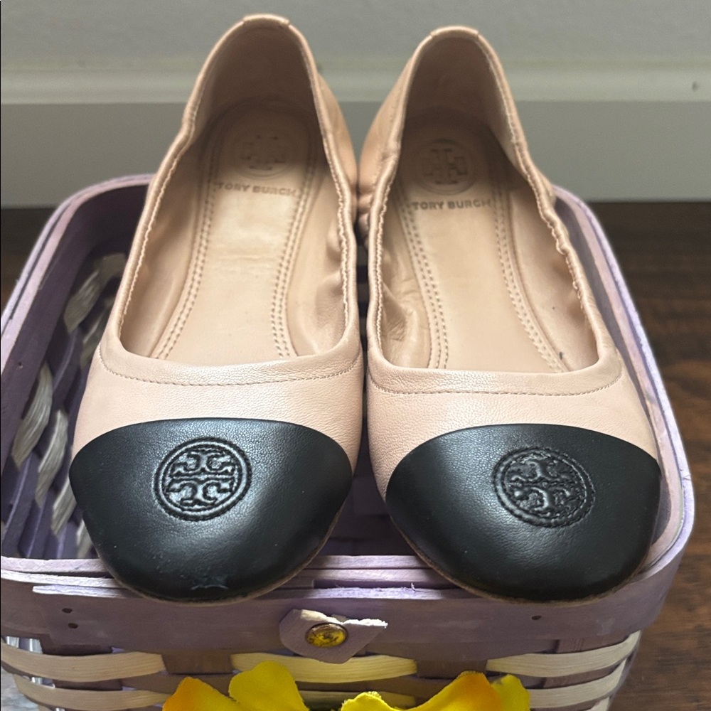Tory Burch Nude and Black Cap-Toe Leather Ballet Flats